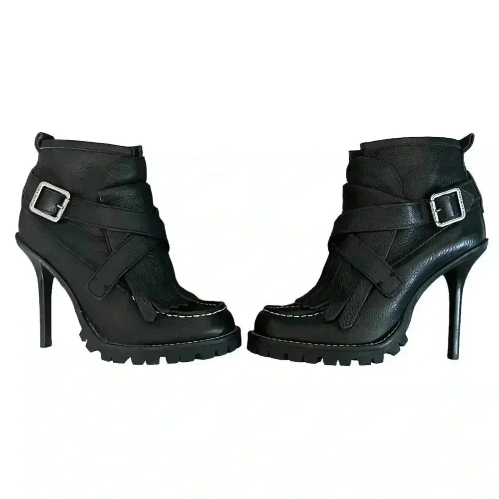 Tory Burch Black Leather Fringe Ankle Booties with Buckle - Picture 11 of 16
